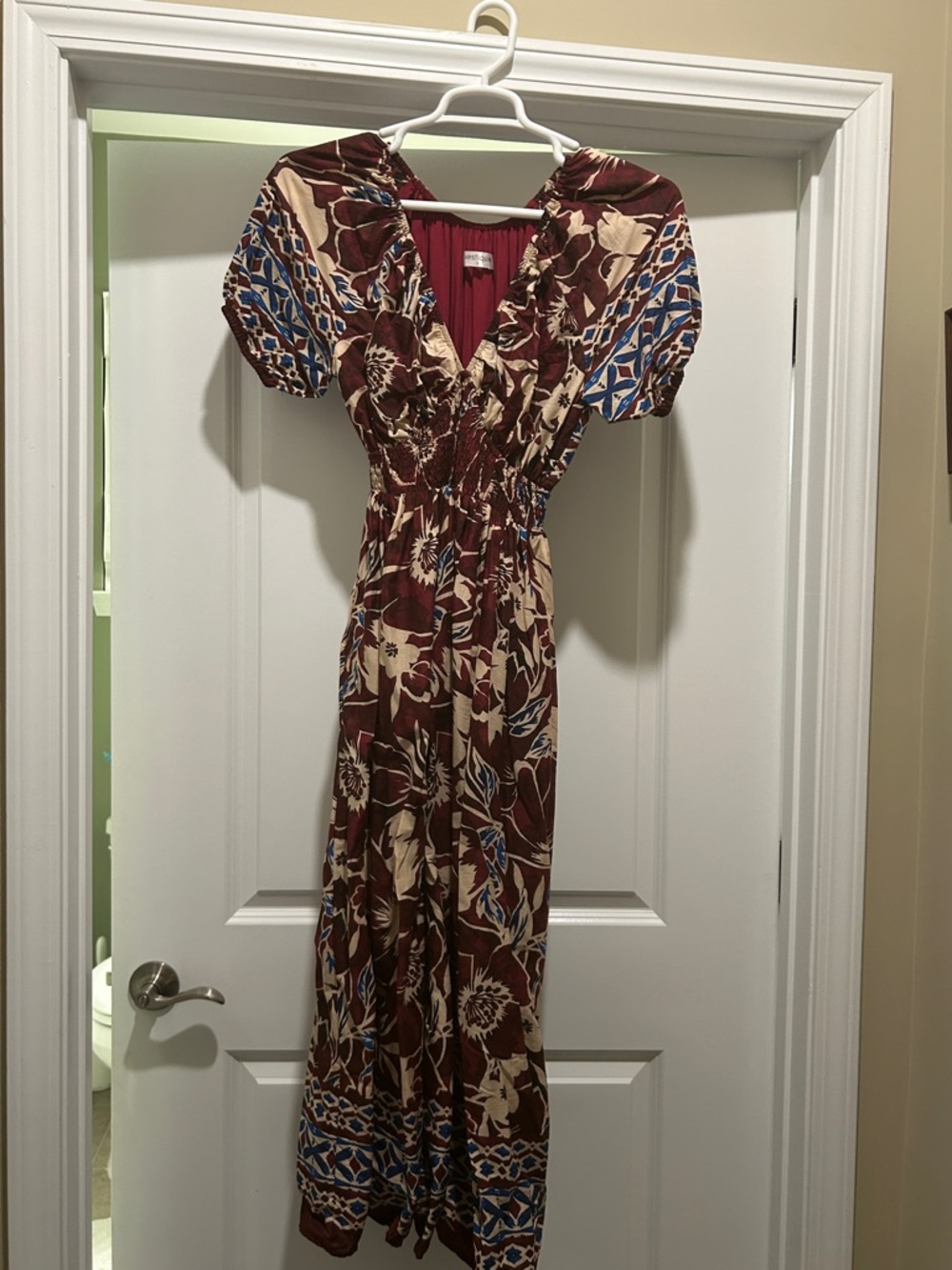 Maroon with Cream and Blue accent colors Floral Maxi Dress with Puff Sleeves